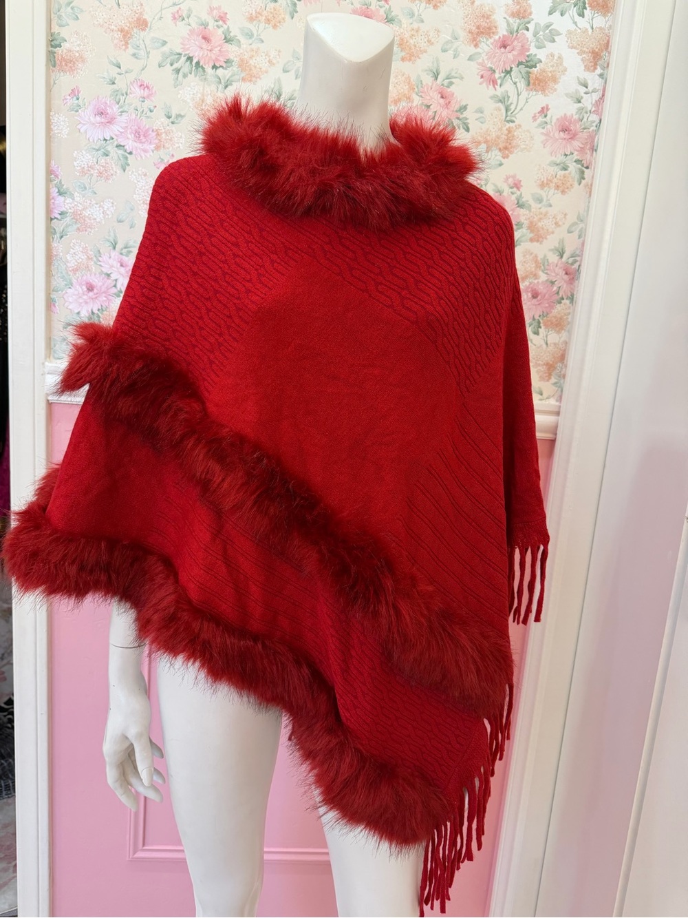 Red orange Faux-Fur Trim Poncho Sweater
